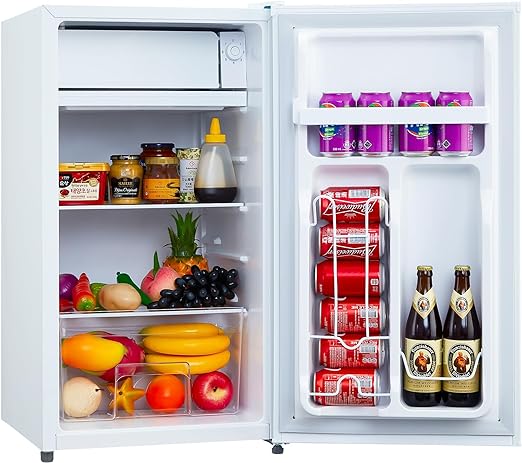 Mini Refrigerator with Freezer, 91L Capacity with Adjustable Thermostat, Fresh Drawer, Removable Glass Shelves, Mini Refrigerator for Bedroom/Cubicle/Office Food Storage Cooled Beverages, White