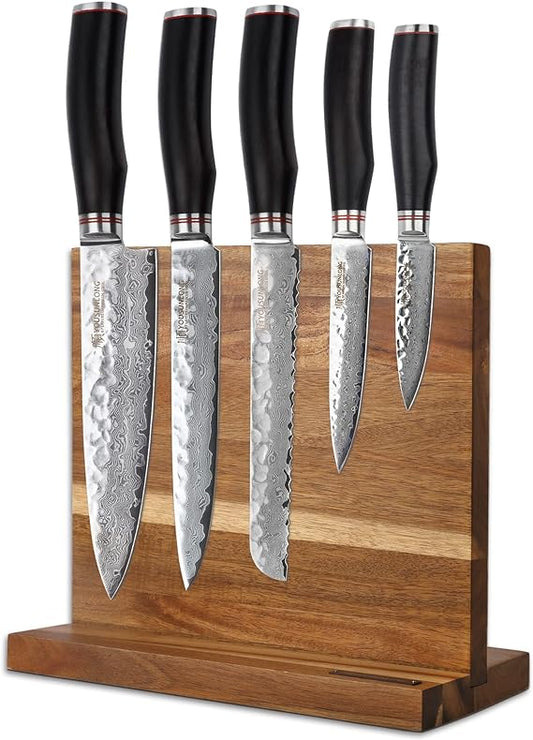 YOUSUNLONG Knife Set Block - 5pcs Kitchen Knives Set with Natural Acacia wood Holder - Japanese Hammered Damascus Steel Blade - Natural Ebony Handle with Gift Box