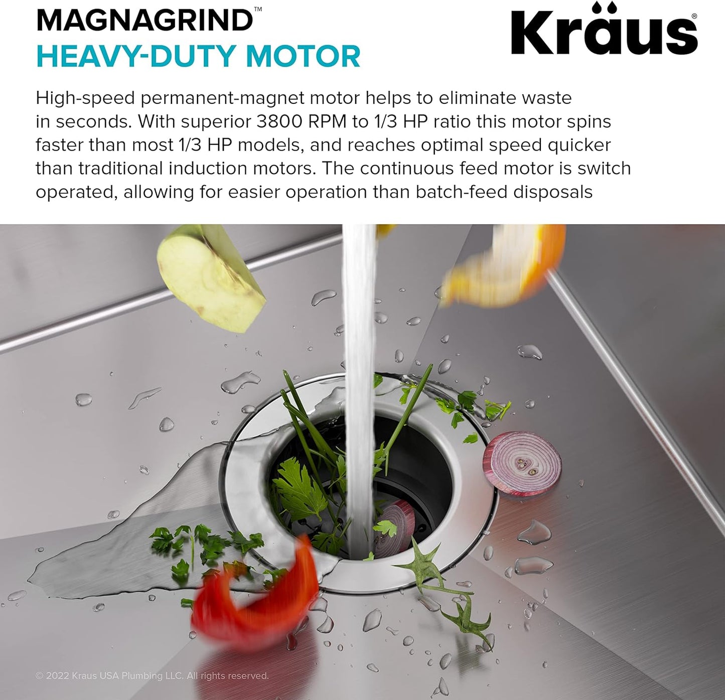 Kraus KWD100-33MBL WasteGuard Continuous Feed Garbage Disposal with Ultra-Quiet Motor for Kitchen Sinks with Power Cord and Flange Included, 1/3 HP, Black-Quick-Connect