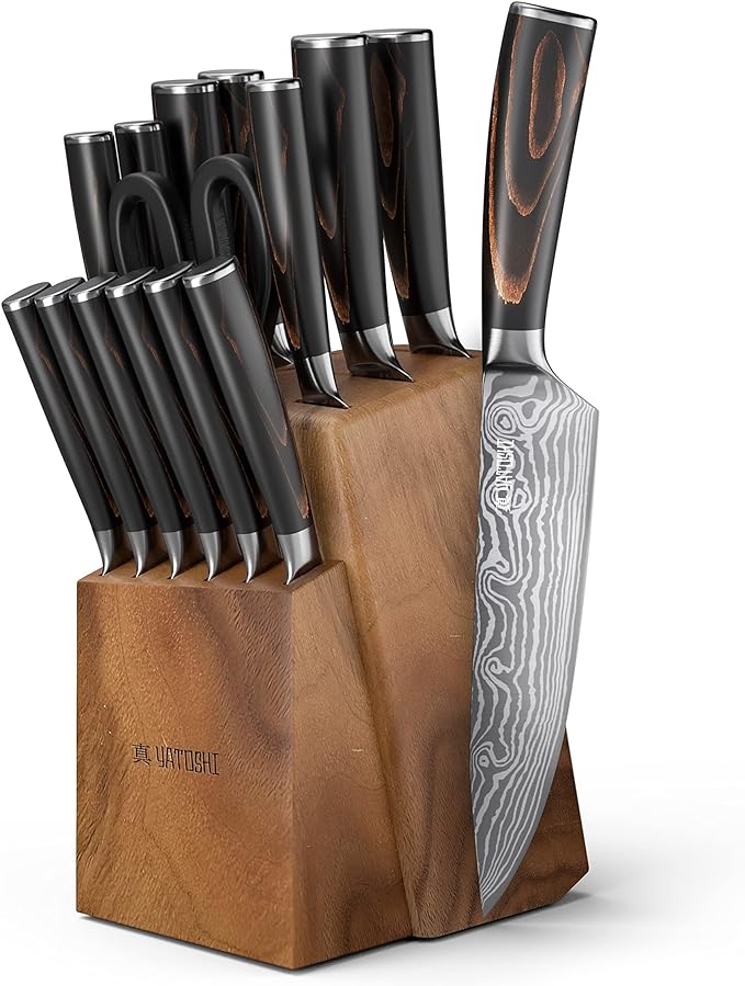 Yatoshi 13 Knife Block Set - Pro Kitchen Knife Set Ultra Sharp High Carbon Stainless Steel with Ergonomic Handle