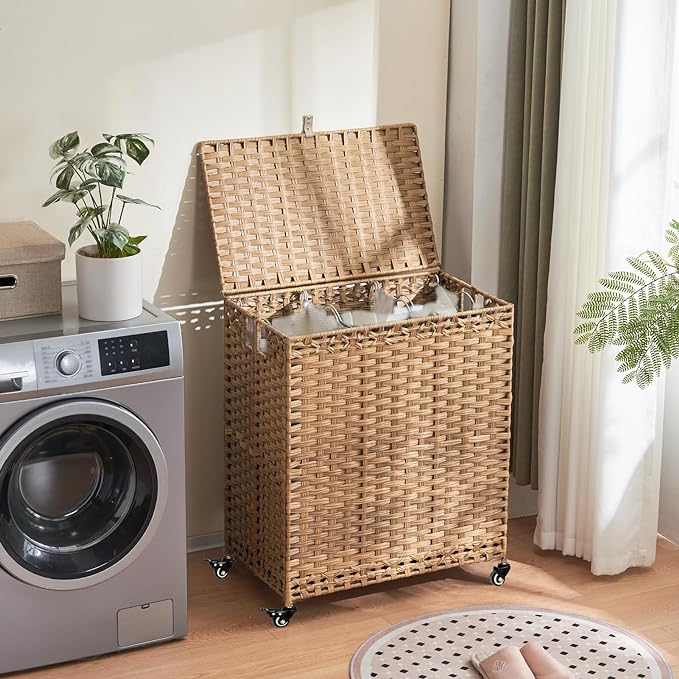 Laundry Hamper with Wheels&Lid, 50.2 Gallons(190L) Rolling Laundry Basket with Wheels, 3-Section Laundry Hamper, Handwoven Rattan Clothes Hamper with 3 Removable Liner&3 Mesh Laundry Bags, Natural