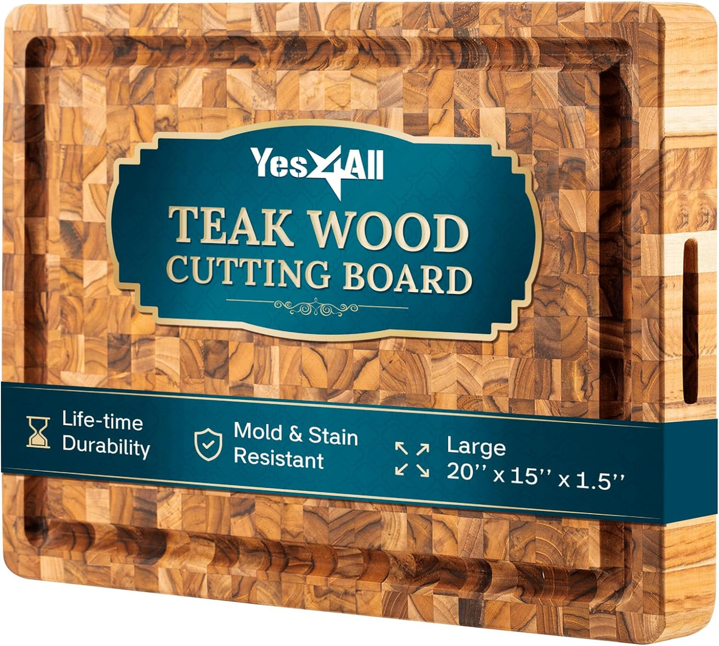 Yes4All Solid Teak Cutting Boards for Kitchen, [20''L x 15''W x 1.5” Thick] Large End Grain Butcher Block Cutting Board, Food Safe Surface Wood Cutting Boards with Juice Grooves and Easy Grip Handle