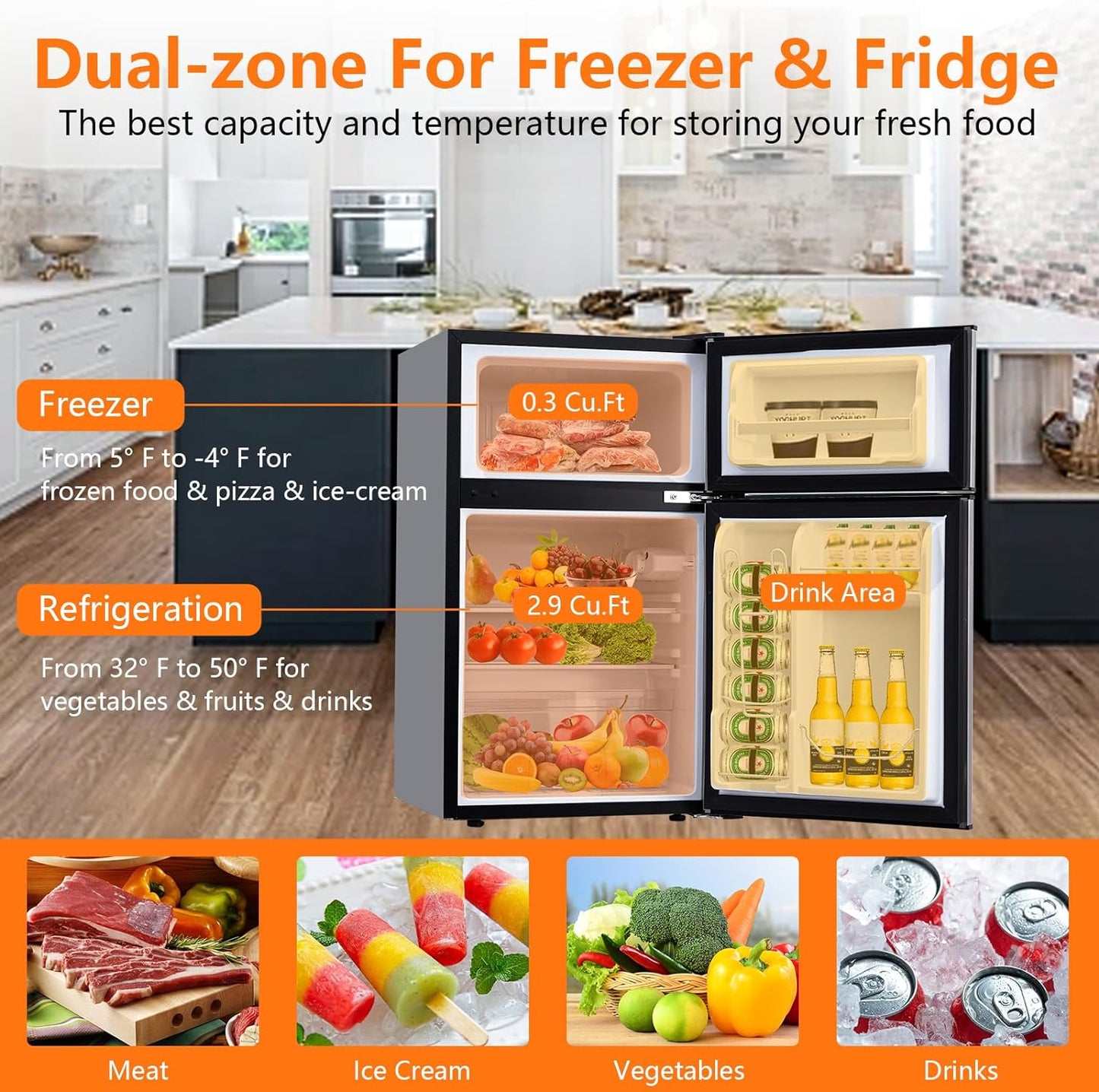 Litake 3.2 Cu. Ft Mini Fridge with Freezer, Small Refrigerators Double Door Stainless Steel, 5 Adjustable Thermostat Settings, Compact Internal Freezer with Crisper Drawer for Apartment Dorm, Silver