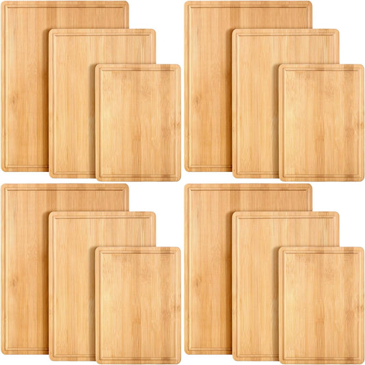 Tioncy 12 Pcs Wood Cutting Board Set Thick Wooden Cutting Boards for Kitchen Butcher Block Cutting Board with Juice Groove for Meat Cheese Fruit Trays, 16x12, 14x10, 11x8 Inch(Bamboo)