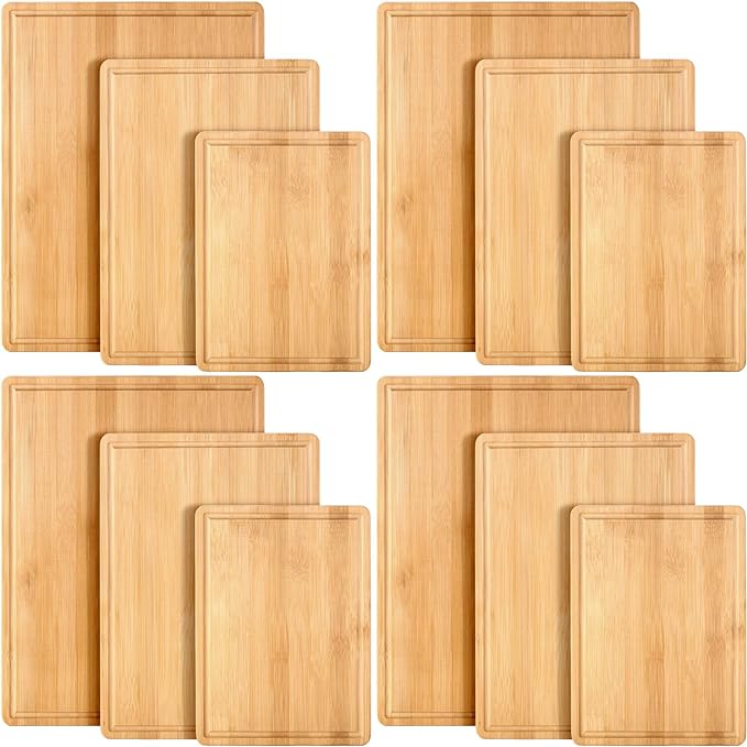 Tioncy 12 Pcs Wood Cutting Board Set Thick Wooden Cutting Boards for Kitchen Butcher Block Cutting Board with Juice Groove for Meat Cheese Fruit Trays, 16x12, 14x10, 11x8 Inch(Bamboo)