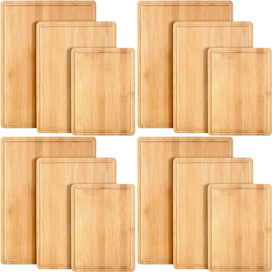 Tioncy 12 Pcs Wood Cutting Board Set Thick Wooden Cutting Boards for Kitchen Butcher Block Cutting Board with Juice Groove for Meat Cheese Fruit Trays, 16x12, 14x10, 11x8 Inch(Bamboo)