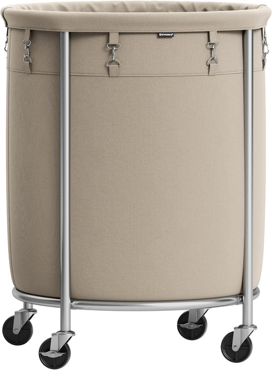 SONGMICS Laundry Basket with Wheels, Rolling Laundry Hamper, 45 Gal., Round Laundry Cart with Steel Frame and Removable Bag, 4 Casters and 2 Brakes, Camel Brown and Metallic Silver URLS001N01