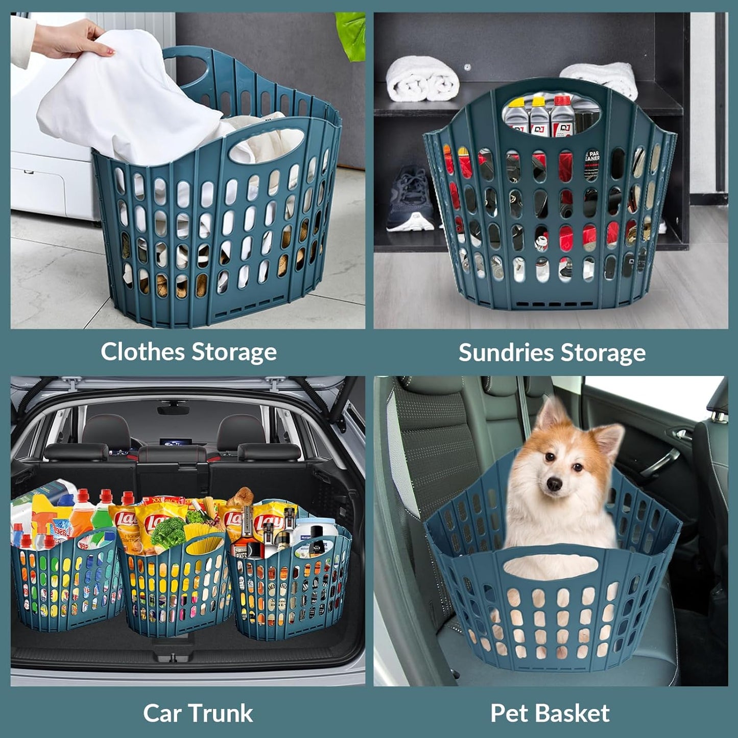 4 Pack Laundry Hampers, Collapsible Plastic Laundry Basket, Shopping Bag with Carry Handle, Foldable Washing Bin Kitchen Storage for Bathroom, Camping, Supermarket and Car Trunk, Blue