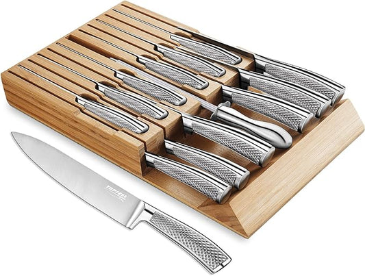 14 Pcs German Stainless Steel Kitchen Knife Set with In-Drawer Bamboo Knife Block - 7 Chef Knives,6 Serrated Steak Knives, Knife Sharpener, Ultra Sharp Chef Knife Set with Full-Tang Design