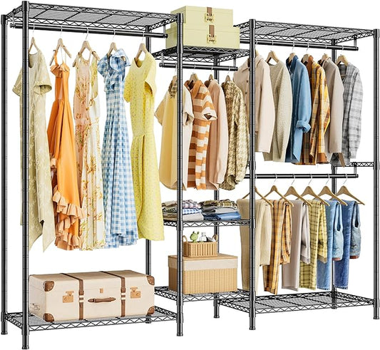 T09 Heavy Duty Closet Garment Rack, 7 Tiers Adjustable Metal Freestanding Clothing Storage Closet with 4 Hanger Rods, Easy to Assemble Wardrobe, 74.4" L x 17.7" W x 76.8" H, Black