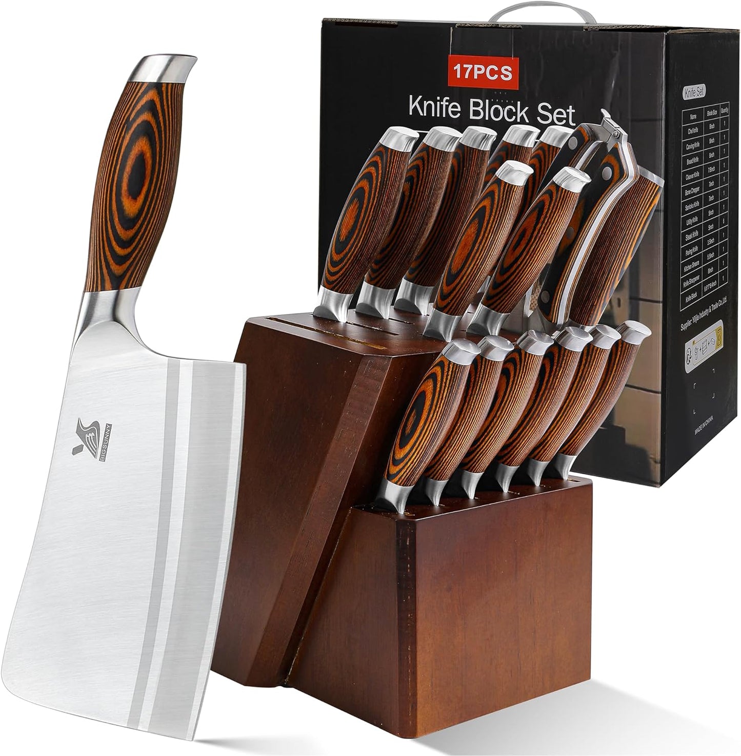 MSY BIGSUNNY Knife Block Set 17-piece Knife Set with Wooden Block - German Steel Perfect Cutlery Set Gift