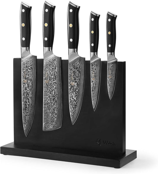 Wakoli Elite Cuisine 6-Piece Damascus Kitchen Knife Set with Magnetic Knife Block - Genuine Damascus Steel Chef Knives with G10 Handles for All Tasks with Magnetic Knife Holder