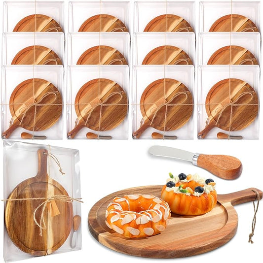 12 Set Acacia Wood Round Cutting Board with Knife for Mother Day Bridal Shower Party Favors Charcuterie Boards Bulk Cheese Board Set with Gift Box and Cards for Guests Prizes Wedding Party