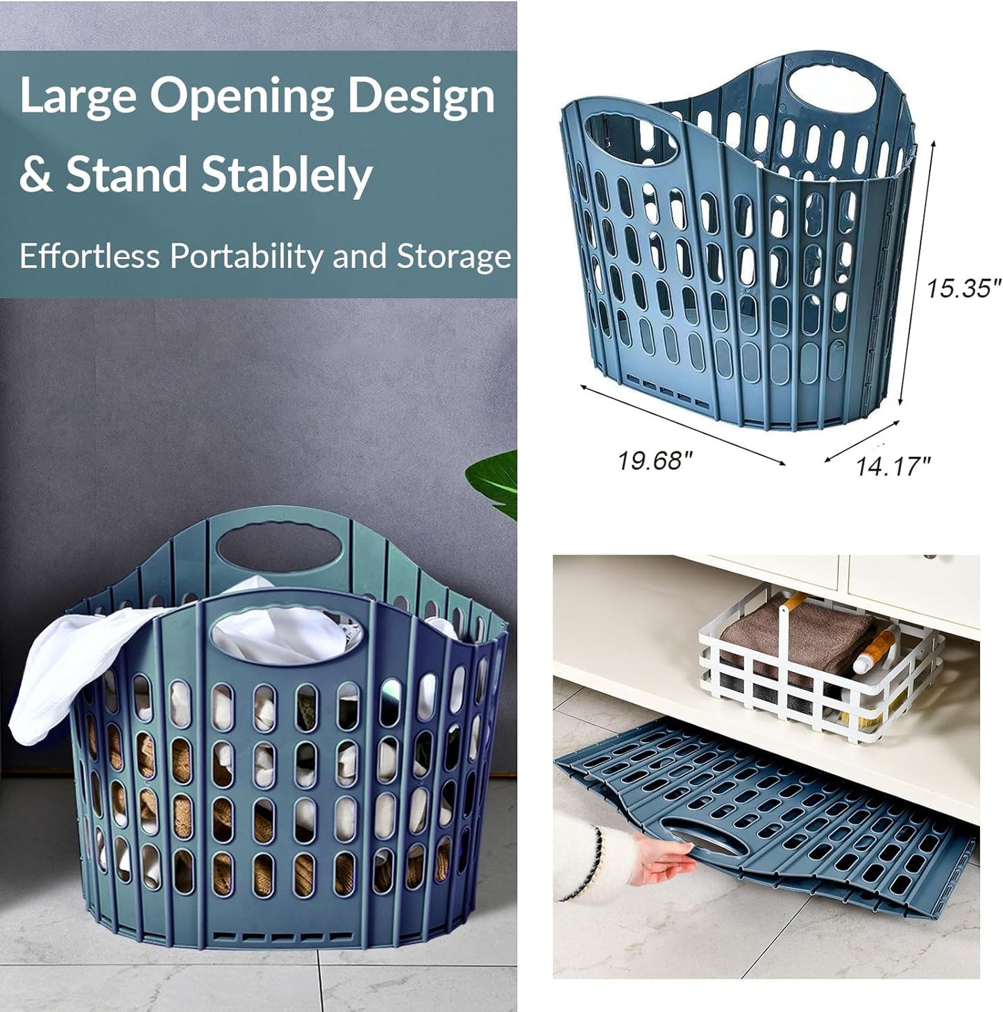 4 Pack Laundry Hampers, Collapsible Plastic Laundry Basket, Shopping Bag with Carry Handle, Foldable Washing Bin Kitchen Storage for Bathroom, Camping, Supermarket and Car Trunk, Blue