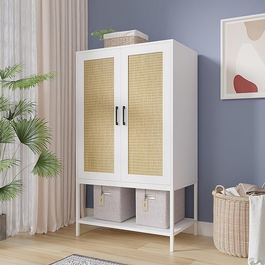 Wardrobe Closet with 2 Doors，Rattan Bedroom Armoires with Hanging Rod Freestanding Wooden Wardrobe Cabinet with Shelves,White