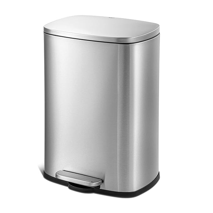 50L/13Gal Heavy Duty Hands-Free Stainless Steel Commercial/Kitchen Step Trash Can, Fingerprint-Resistant Soft Close Lid Trashcan, Rectangle Shape