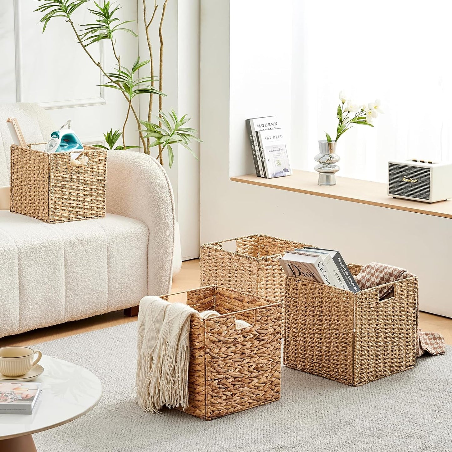 Foldable Storage Baskets Dark Water Hyacinth Storage Baskets for Shelf 11x11 in Square Wicker Storage Baskets Handwoven Laundry Totes for Bedroom Living Room Bathroom 4Pack