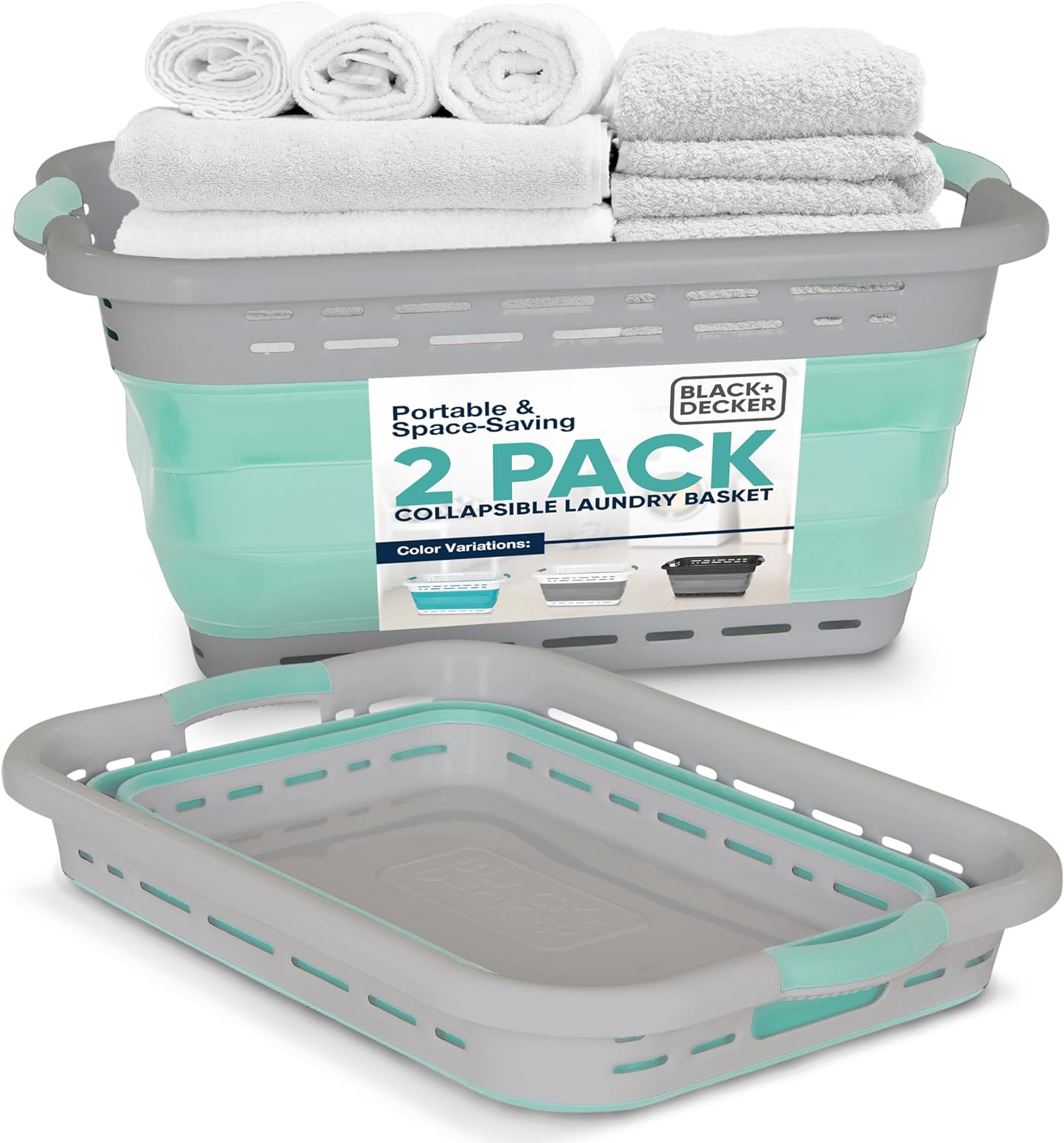 BLACK+DECKER 2 Large 25" Slim Collapsible Laundry Basket - Portable & Space-Saving Basket with Dual Comfort Grip Handles - Ideal for Laundry, Towels, Blankets & More in Small Spaces & Travel, Aqua