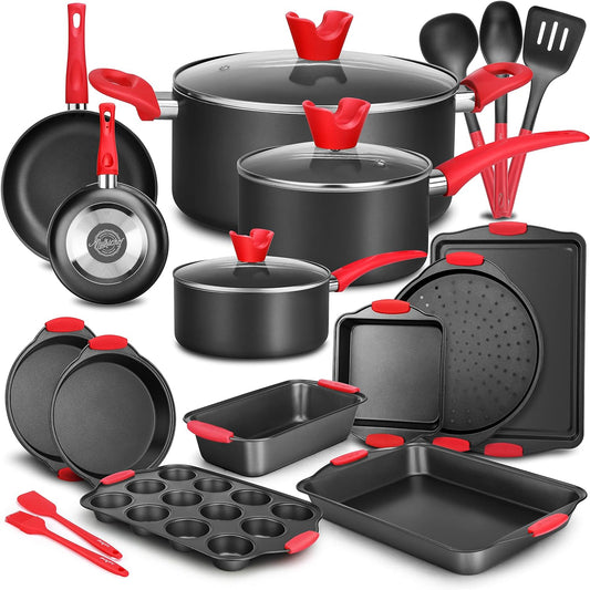 NutriChef Non-Stick Cookware 21-Piece Set, Includes Pots & Pans, Bakeware, & Cooking Utensils w/ Silicone Handles - Complete Set for Gas, Electric, & Ceramic Cooktops - PTFE/PFOA/PFOS Free, Black