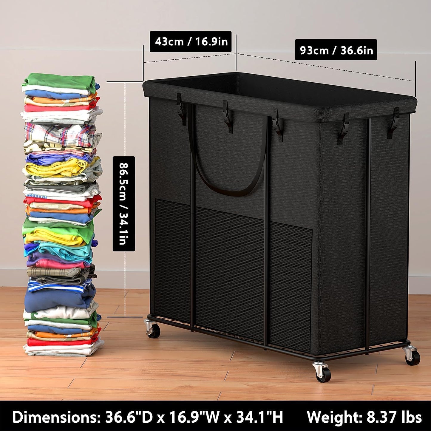 320L Laundry Basket With Wheels, Laundry Basket with Lid, Metal Frame and Removable Bag Design with Wheels, Suitable for Bathroom, Dorm Room&Laundry Room 320L(84.5Gallon) Black