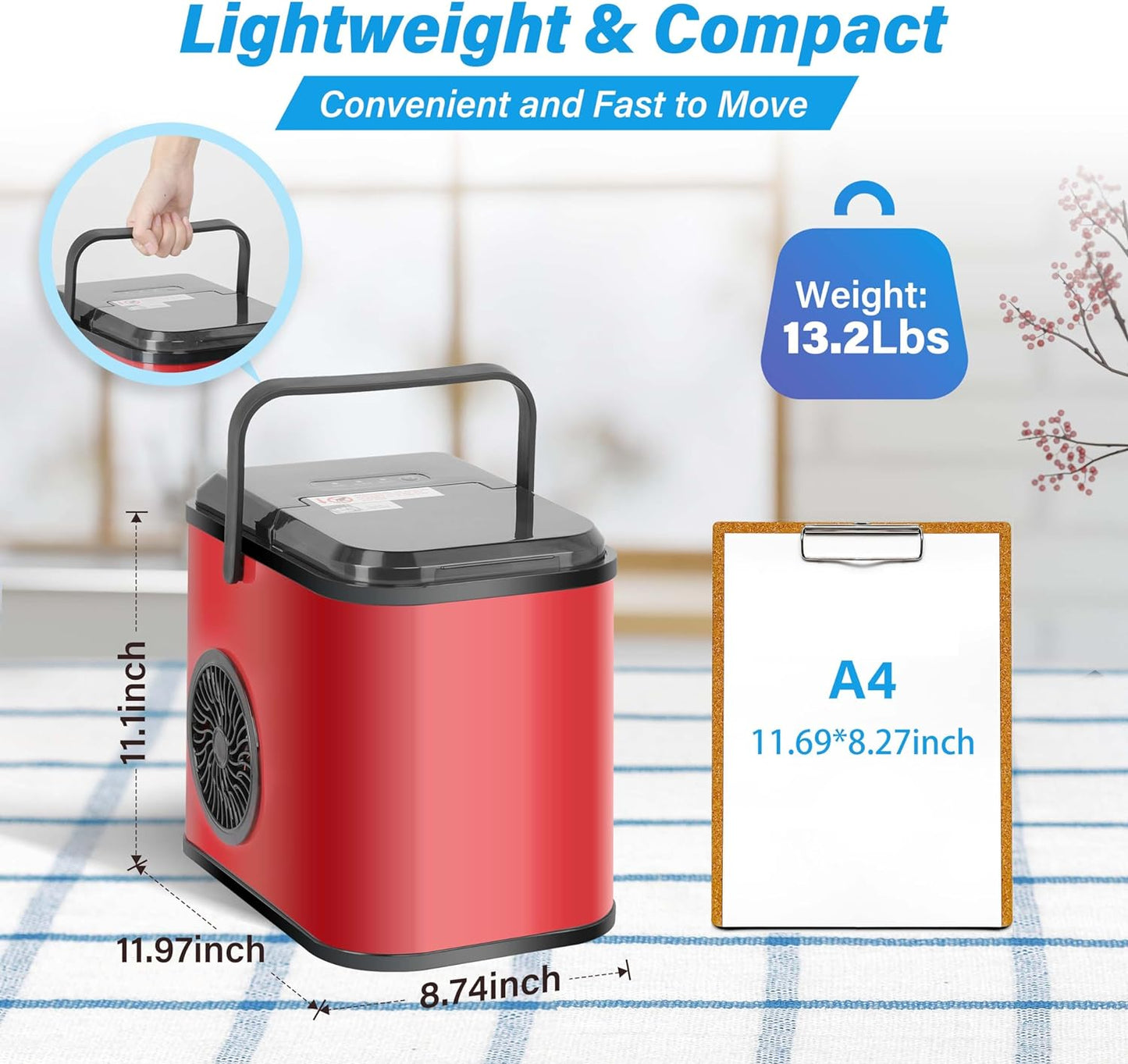 YSSOA Portable Ice Maker for Countertop, 6 Mins 8 Ice Cubes, 26lbs Ice/24H, Self-Cleaning, with Ice Spoon and Basket, for Home/Kitchen/Office/Camping/Party, Red