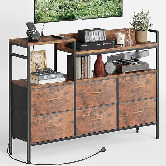 CAIYUN Dresser for Bedroom with 6 Drawers, Dressers & Chest of Drawers Organizers with Power Outlet, TV Stand Dresser Entertainment Center Fabric Dresser for Living Room, Closet, Hallway, Rustic Brown