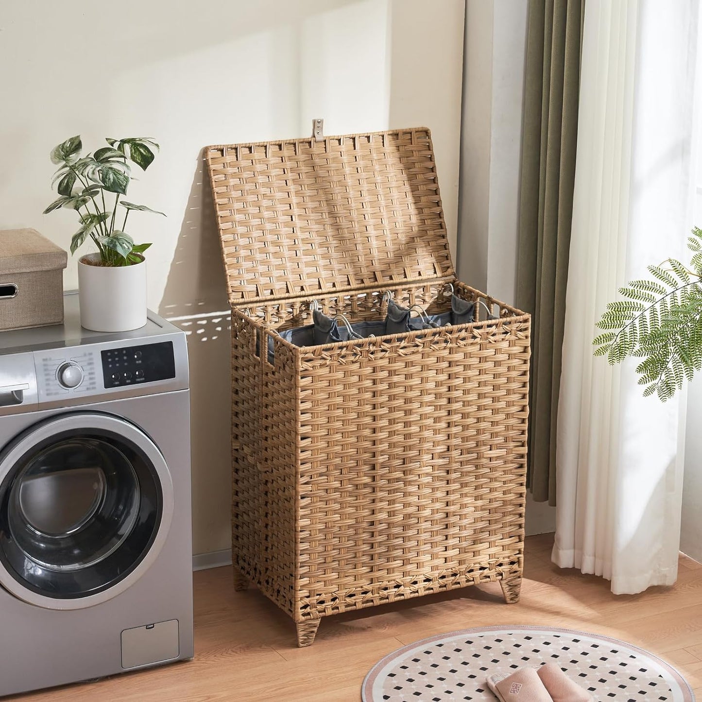 Laundry Hamper with Lid, 190L Large Laundry Basket 3 Section with 6 Removable Liner Bags & 3 Mesh Laundry Bags, Handwoven Rattan Clothes Hamper with Heightened Feet, No Install Needed, Natural