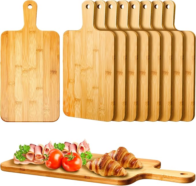 Nuenen 10 Pcs Wood Cutting Board with Handle 15.7 x 7.8 Inch Wooden Serving Board Kitchen Chopping Boards for Pizza, Bread, Cheese, Charcuterie, Fruit, Vegetables (Bamboo)