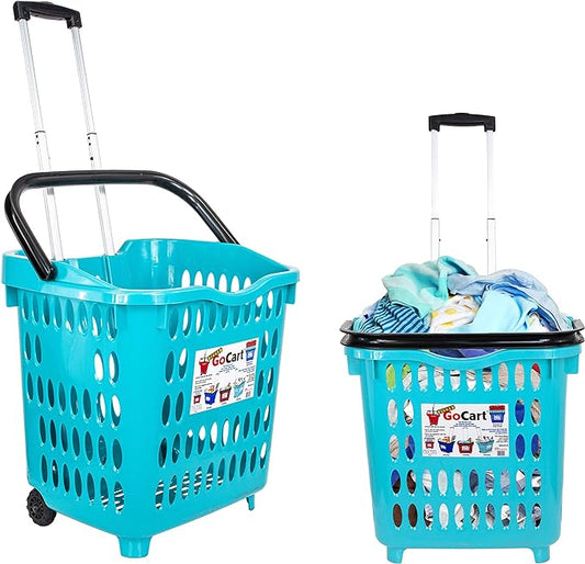 dbest products Bigger GoCart Grocery Cart Rolling Shopping Laundry Basket on Wheels Hamper with Telescopic Handle Cleaning Caddy Trolley, Teal, Bigger 1 pack