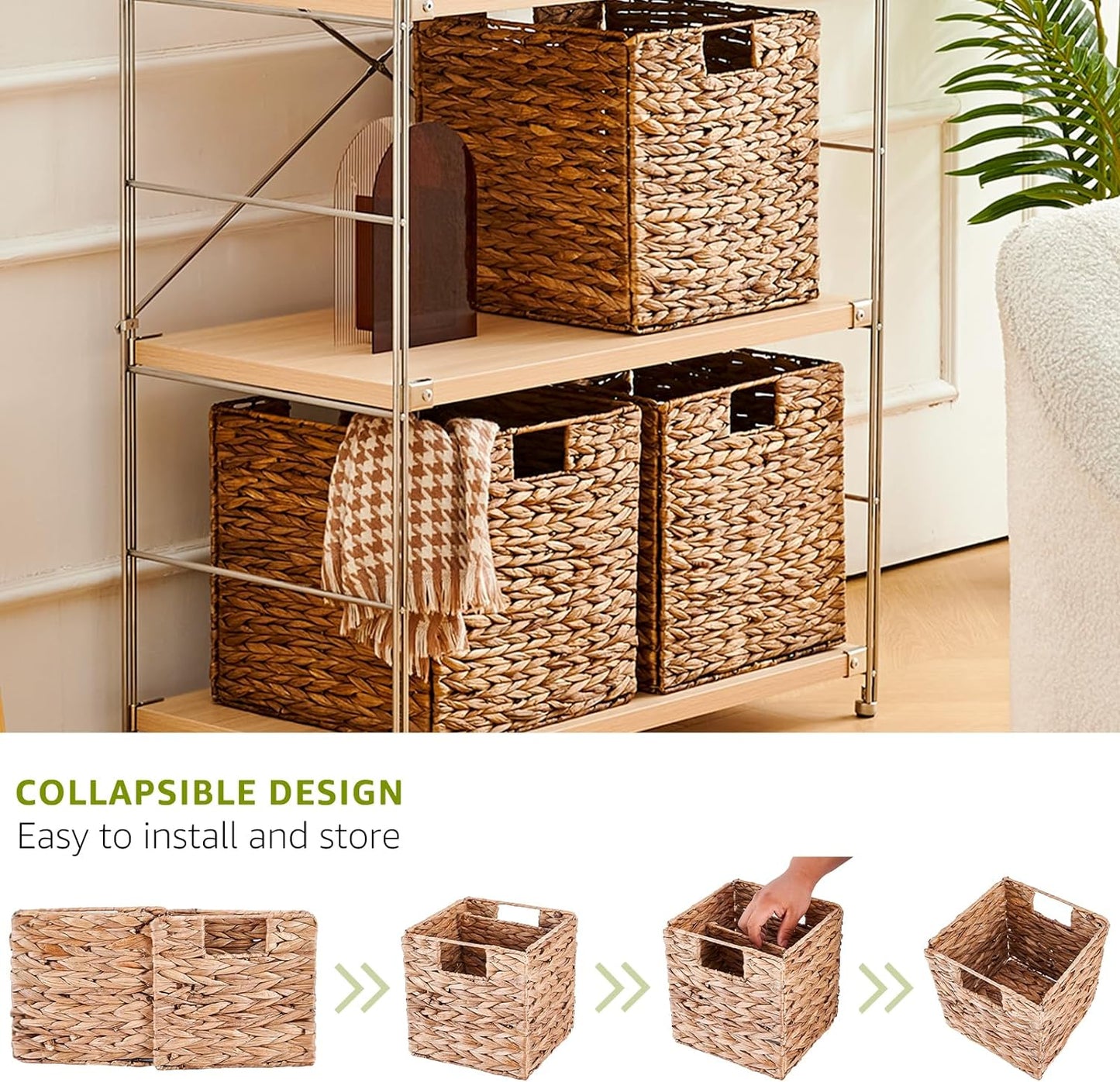 Foldable Storage Baskets Dark Water Hyacinth Storage Baskets for Shelf 11x11 in Square Wicker Storage Baskets Handwoven Laundry Totes for Bedroom Living Room Bathroom 4Pack