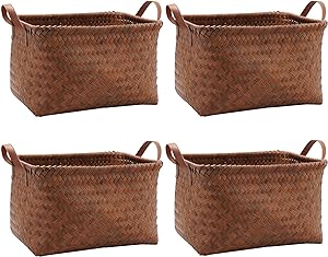 GIB Wicker Storage Baskets for Shelves with Handles 4 Pack, 15"x10"x8" Hand Woven Decorative Rectanguler Baskets Bins Organizer for Blankets Clothes Laundry Bathroom Nursery Picnic, Brown