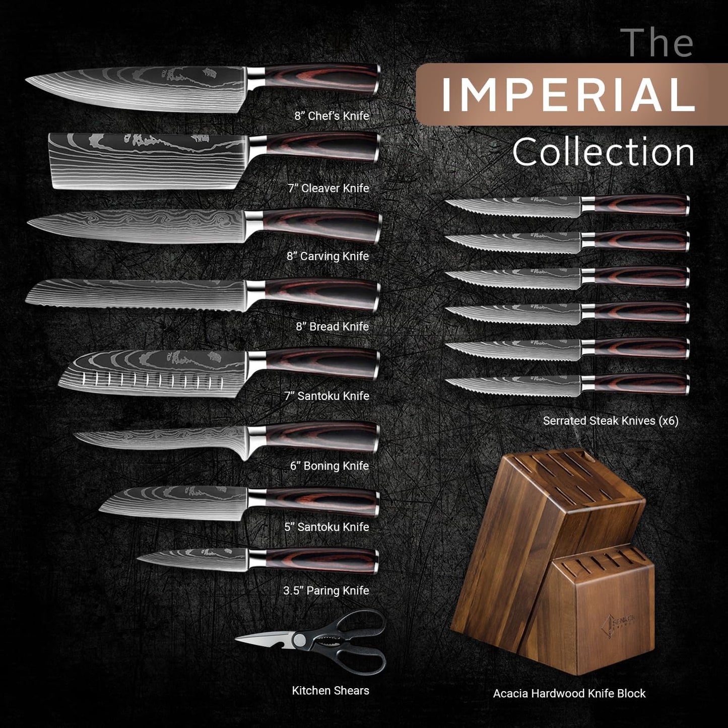 SENKEN 16-Piece Acacia Wood Knife Block Set with Laser Damascus Pattern - Includes Steak Knives, Kitchen Shears, Chef's Knife, Santoku, Cleaver & More