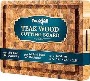 Yes4All Solid Teak Cutting Boards for Kitchen, [17''L x 13''W x 1.5” Thick] Medium End Grain Butcher Block Cutting Board, Food Safe Surface Wood Cutting Boards with Juice Grooves and Easy Grip Handle