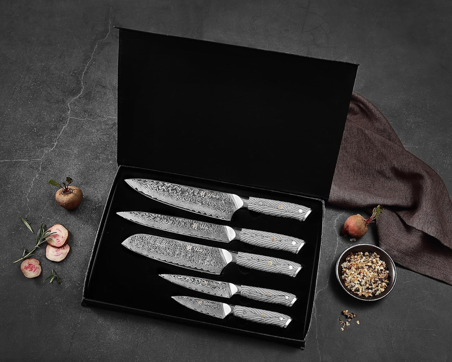 Wakoli Noir Blanc 6-Piece Damascus Chef Knives with 5 Kitchen Knives & Magnetic Knife Block - Premium VG10 Steel Chef Knives with G10 Handles, Kitchen Knife Set in Gift Box