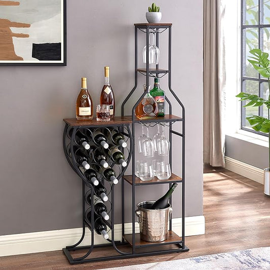 5-Tier Freestanding Floor with Hanging Glass Holder and Storage Shelves, 11-Bottles Wine Bakers Rack, Liquor Display Stand for Home Bar Kitchen Dining Room, Antique Brown