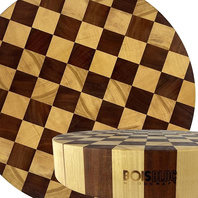 END GRAIN Exotic Hardwood Reversible Cutting Board (Checker - Alaskan Yellow Cedar and Honduras Mahogany, 18"x3"- Round)