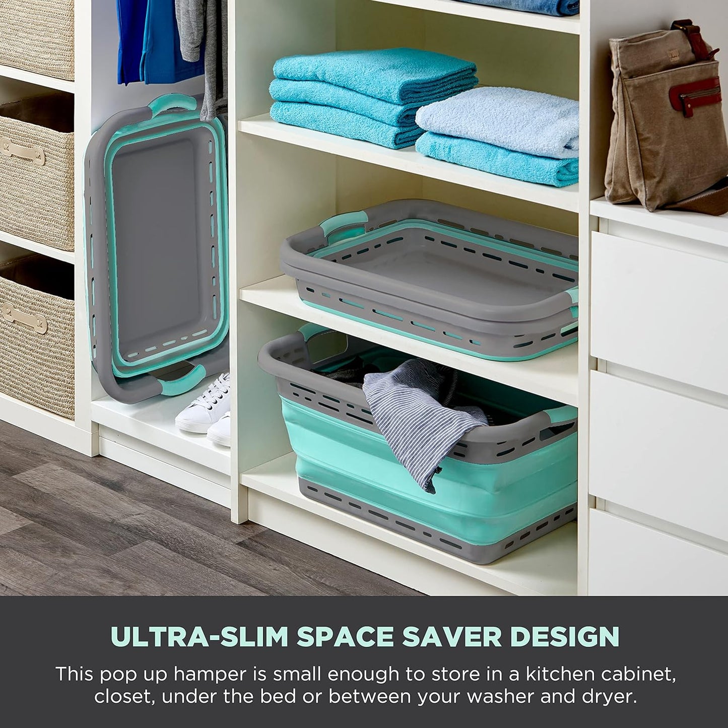 BLACK+DECKER 2 Large 25" Slim Collapsible Laundry Basket - Portable & Space-Saving Basket with Dual Comfort Grip Handles - Ideal for Laundry, Towels, Blankets & More in Small Spaces & Travel, Aqua