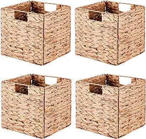 Foldable Storage Baskets Dark Water Hyacinth Storage Baskets for Shelf 11x11 in Square Wicker Storage Baskets Handwoven Laundry Totes for Bedroom Living Room Bathroom 4Pack