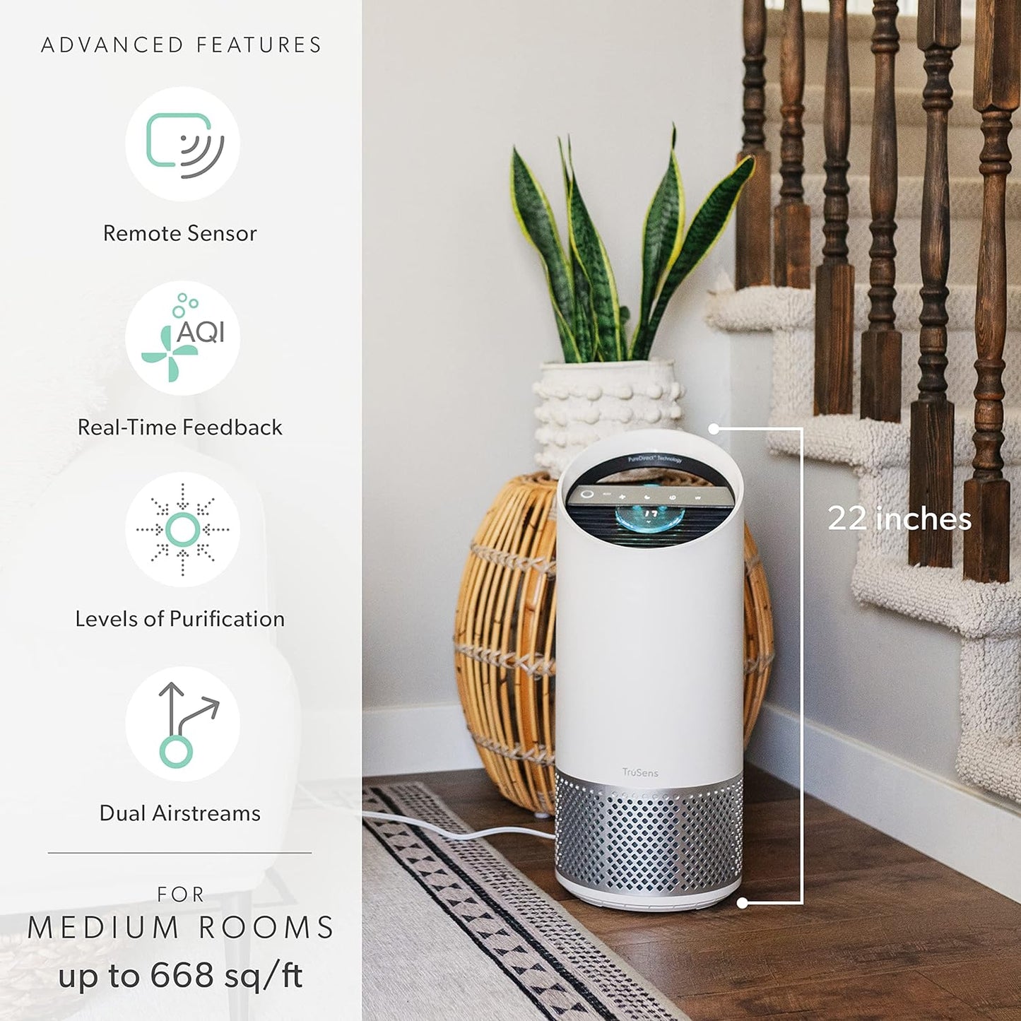 TruSens Air Purifier with UV-C Light + HEPA Filtration | Medium | SensorPod™ Air Quality Monitor | Auto, Sleep, & Turbo Mode | Touch Control | Portable Handle