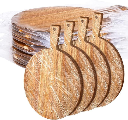 Patelai 12 Piece Round Wood Cutting Board Pizza Peel with Handle Laser Engraving Serving Board Charcuterie Cheese Bread Cutting Board Bulk for DIY Wedding Housewarming Gift (12 Inch,Acacia Wood)