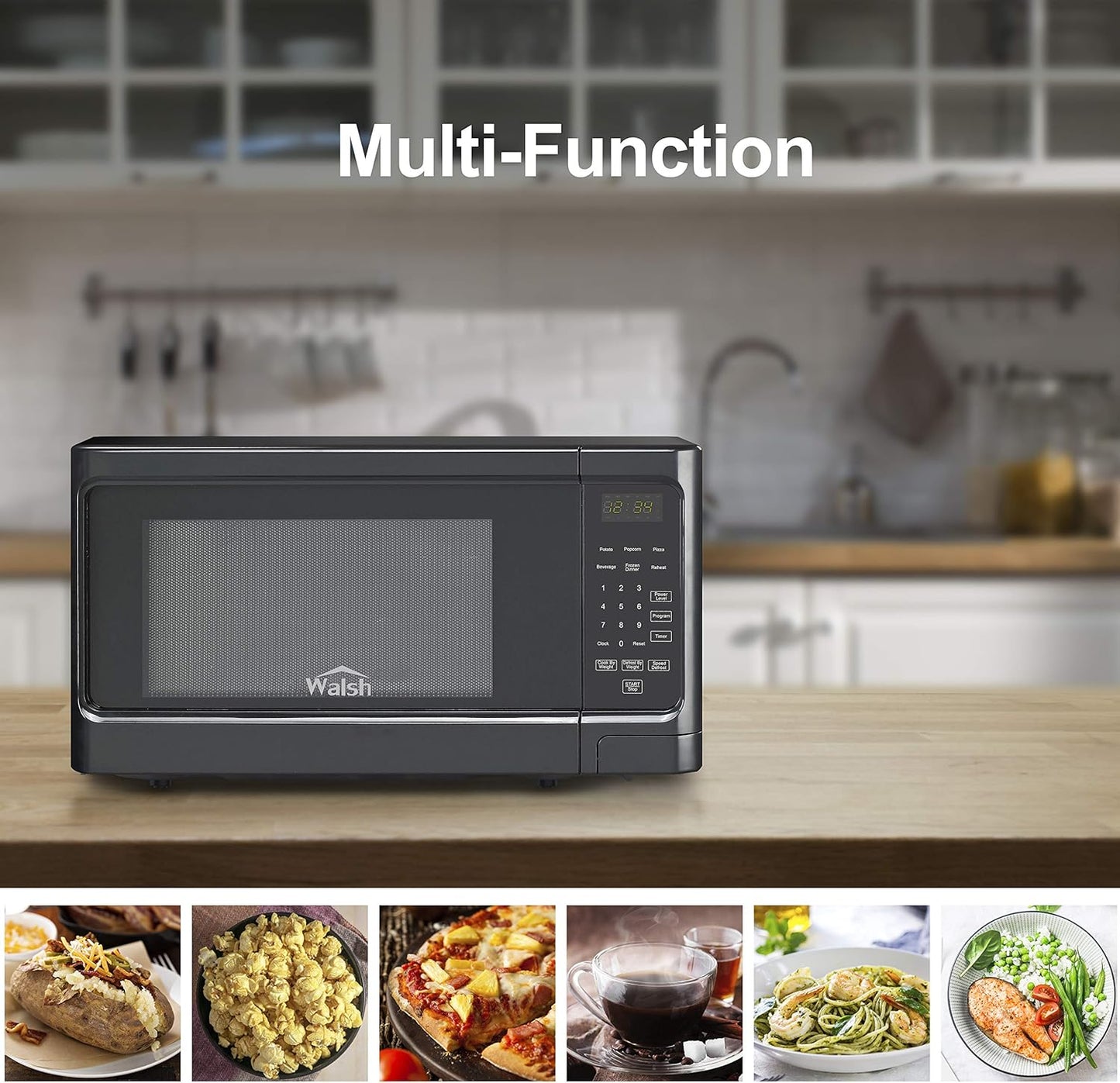 Walsh WSCMS311BK-10 Countertop Microwave Oven, 6 Cooking Programs LED Lighting Push Button, 1.1 Cu.Ft/1000W, Black