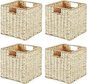 Foldable Wicker Storage Baskets 11x11in Corn Husk Storage Baskets for Organizing Set of 4 Hyacinth Baskets for Shelves Storage Cube Bins Square Laundry Organizer