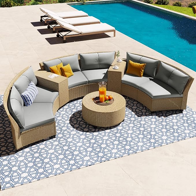 Merax, Fan-Shaped Patio Furniture Sets for 6, Weather Outdoor HDPE Rattan Sofa with Cushions and Table, Suitable for Garden, Grey