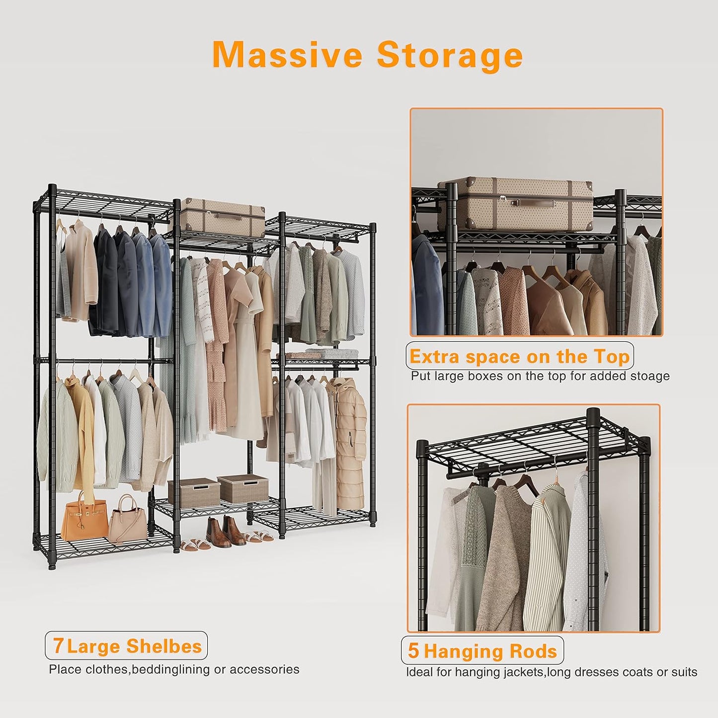 T3 Portable Closet Clothes Rack, Heavy Duty Clothing Rack with 5 Hang Rods & 7 Shelves, Adjustable Closet Organizers and Storage Wardrobe, 75.2" W x 15.7”D x 76.4”H, Max Load 850LBS