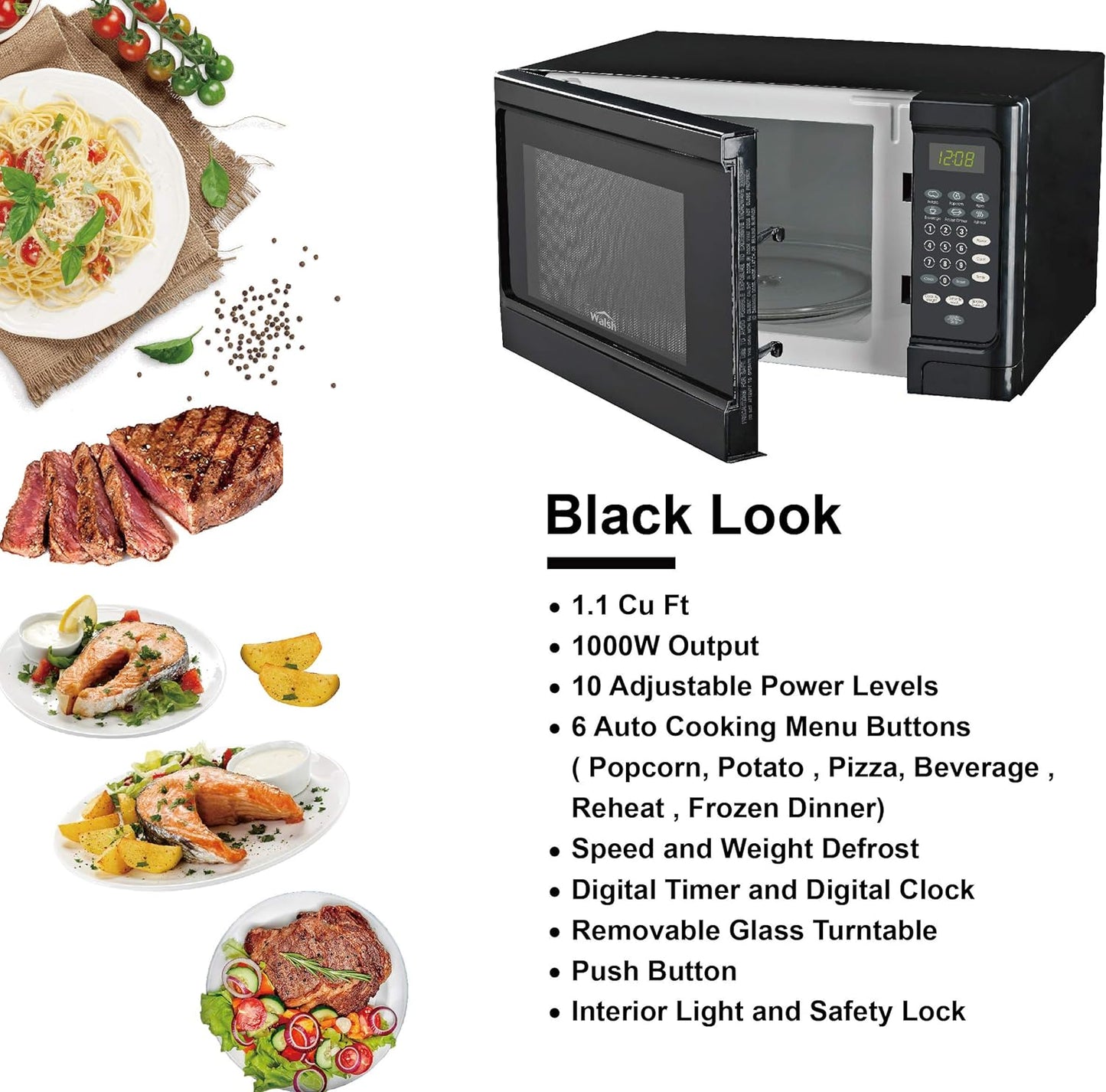 Walsh WSCMS311BK-10 Countertop Microwave Oven, 6 Cooking Programs LED Lighting Push Button, 1.1 Cu.Ft/1000W, Black