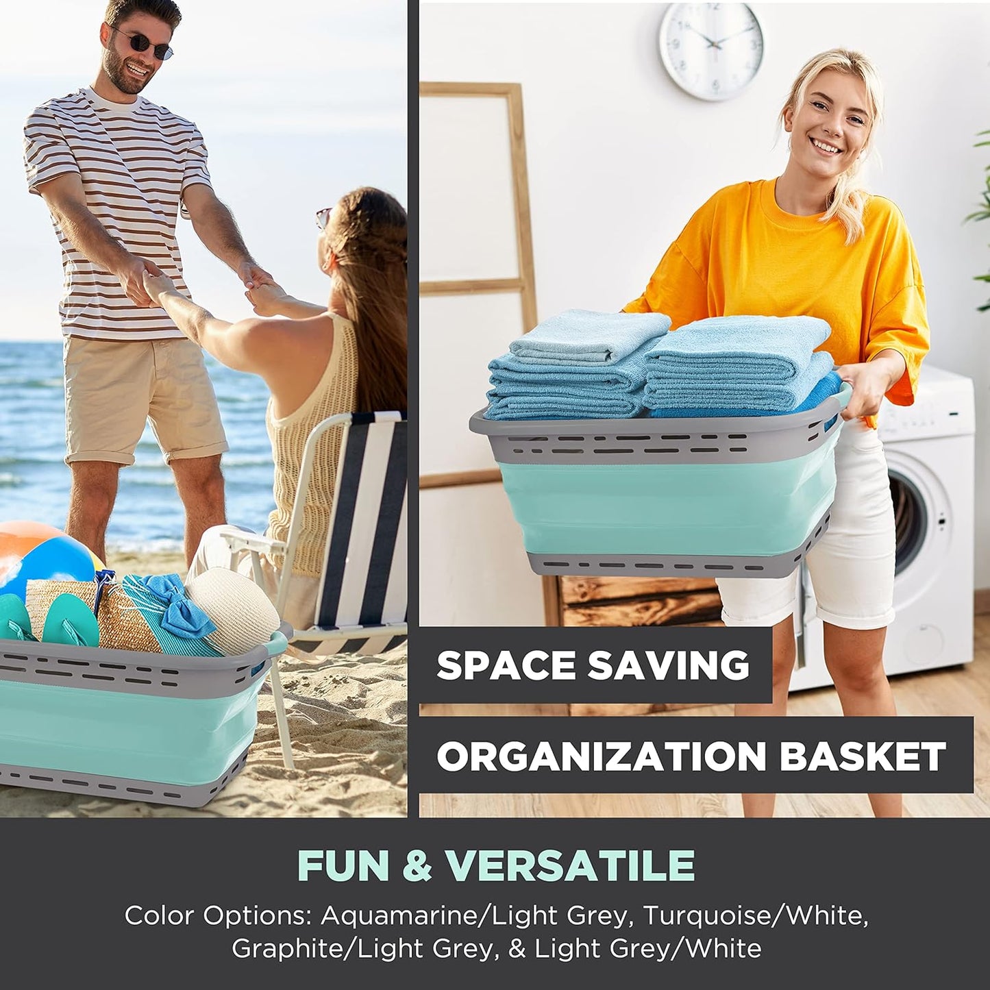 BLACK+DECKER 2 Large 25" Slim Collapsible Laundry Basket - Portable & Space-Saving Basket with Dual Comfort Grip Handles - Ideal for Laundry, Towels, Blankets & More in Small Spaces & Travel, Aqua