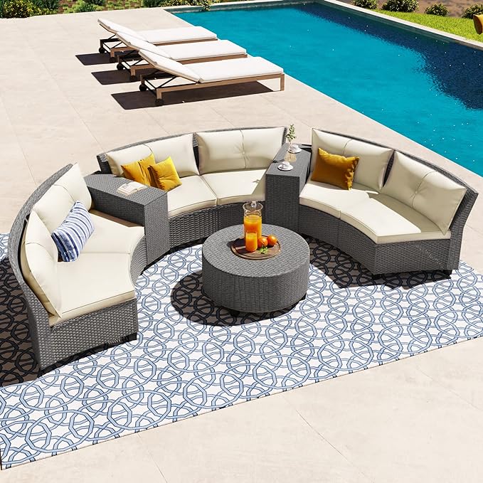 9 Pieces Outdoor Furniture Half Moon Wicker Patio Sets with Coffee Table, All-Weather Fan-Shaped Curved Sectional Sofa Couch with Beige Cushions, Onesize, Gray Rattan