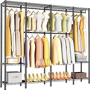 Extra Large Garment Rack Heavy Duty Metal Clothes Rack for Hanging Clothes,Multi-Functional Closet Organizer System Bedroom Clothing Rack Freestanding Closet Portable Wardrobe,MaxLoad 1000lbs