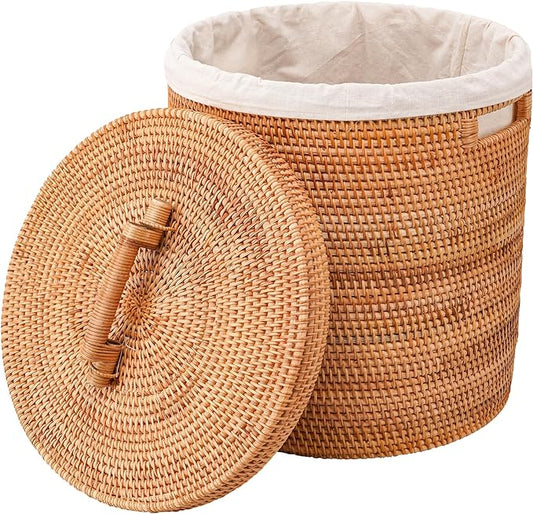 Rattan Laundry Hamper With Lid, 50L Rattan Laundry Basket With Removable Liner Bag, Round Wicker Large Hampers For Laundry With Lid And Handles For Organizing Clothes Kids Toys Books (13.8"