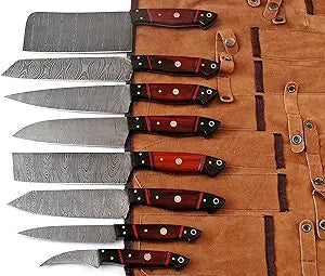 G24RD- Professional Kitchen Knives Custom Made Damascus Steel 8 pcs of Professional Utility Chef Kitchen Knife Set with Chopper/Cleaver Pocket Case Chef Knife Roll Bag G24RD (Red)